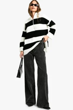 Jumpers*boohoo Half Zip Soft Knit Stripe Jumper black