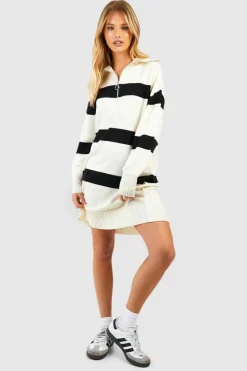 Jumper Dresses|Jumper Dresses*boohoo Half Zip Stripe Jumper Dress ivory
