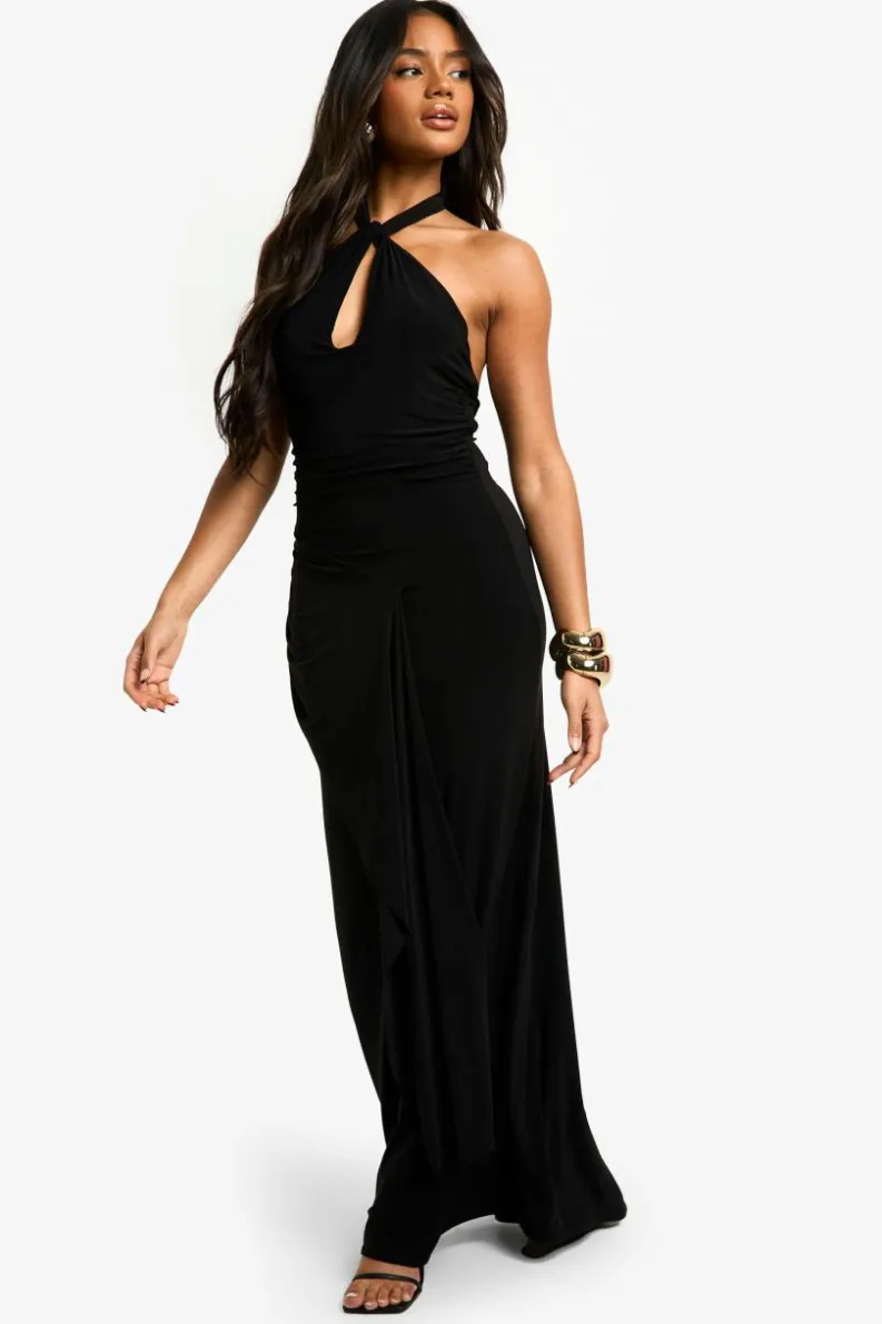 Maxi Dresses*boohoo Halter Drape Slinky Maxi Dress black