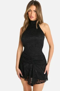 Skater Dresses*boohoo Halter Neck Lace Hanky Hem Mini Dress black
