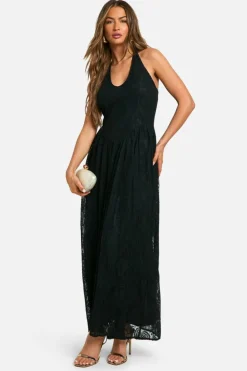 Skater Dresses*boohoo Halter Neck Lace Maxi Dress black