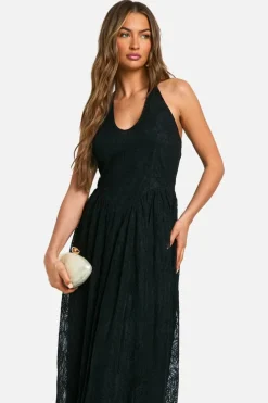 Skater Dresses*boohoo Halter Neck Lace Maxi Dress black