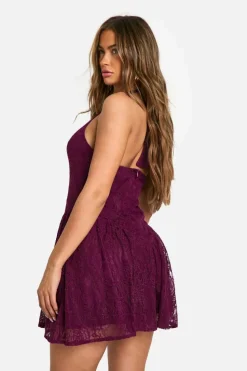 Skater Dresses|Mini Dresses*boohoo Halter Neck Lace Mini Dress plum