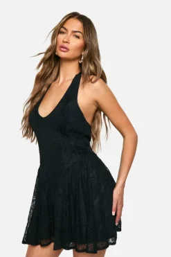 Skater Dresses*boohoo Halter Neck Lace Mini Dress black