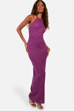 Jumper Dresses|Jumper Dresses*boohoo Halterneck Crochet Maxi Dress purple