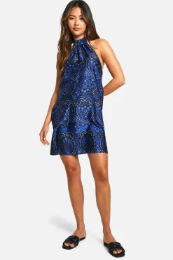 Smock Dresses*boohoo Halterneck Paisley Mini Dress blue