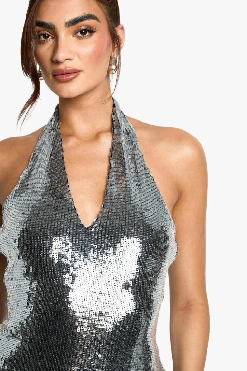 Mini Dresses|Dresses*boohoo Halterneck Sequin Mini Dress silver