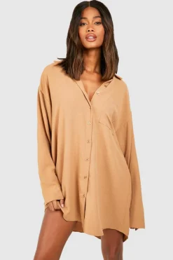 Shirt Dresses*boohoo Hammered Pocket Detail Fluid Fit Shirt Dress camel
