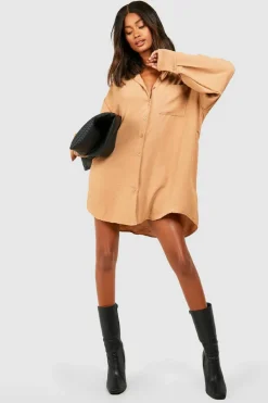 Shirt Dresses*boohoo Hammered Pocket Detail Fluid Fit Shirt Dress camel