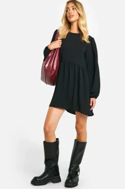 Smock Dresses*boohoo Hammered Tie Back Long Sleeve Smock Dress black