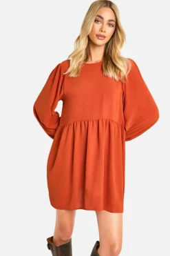 Smock Dresses*boohoo Hammered Tie Back Long Sleeve Smock Dress rust