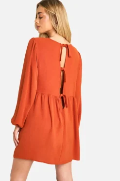 Smock Dresses*boohoo Hammered Tie Back Long Sleeve Smock Dress rust