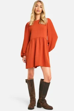 Smock Dresses*boohoo Hammered Tie Back Long Sleeve Smock Dress rust