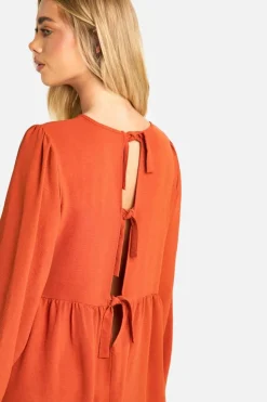 Smock Dresses*boohoo Hammered Tie Back Long Sleeve Smock Dress rust