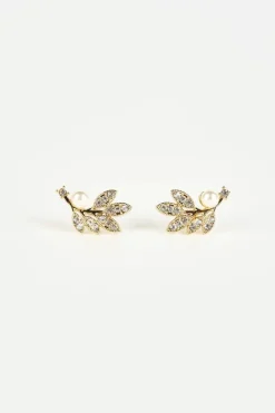 Earrings*SVNX Hanging Leaf with Pearl Earring in Gold