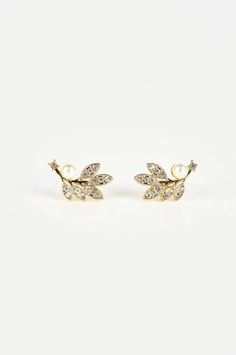 Earrings*SVNX Hanging Leaf with Pearl Earring in Gold