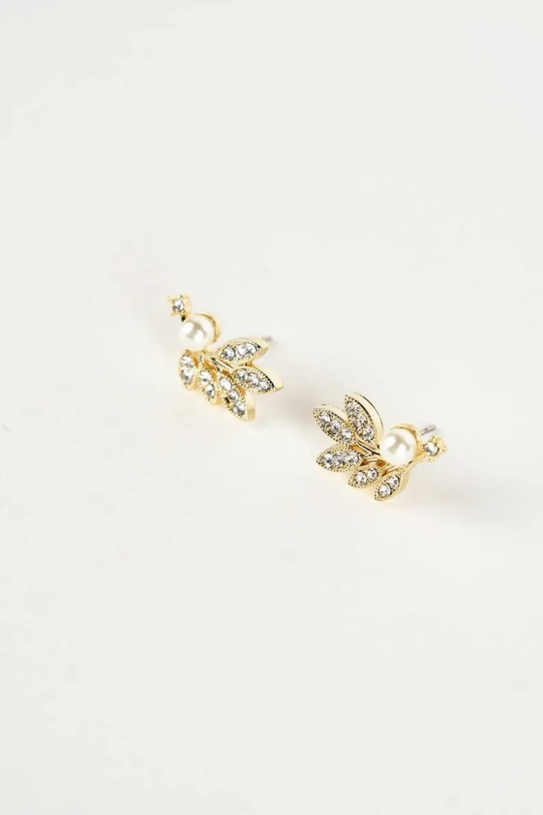 Earrings*SVNX Hanging Leaf with Pearl Earring in Gold