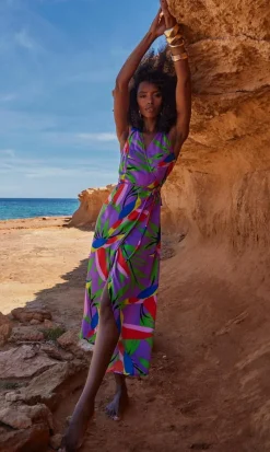 Wrap Dresses*Dancing Leopard Harmony Tropical Print Dress Tulip Skirt Sleeveless Wrap Front Outfit Purple