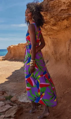 Wrap Dresses*Dancing Leopard Harmony Tropical Print Dress Tulip Skirt Sleeveless Wrap Front Outfit Purple