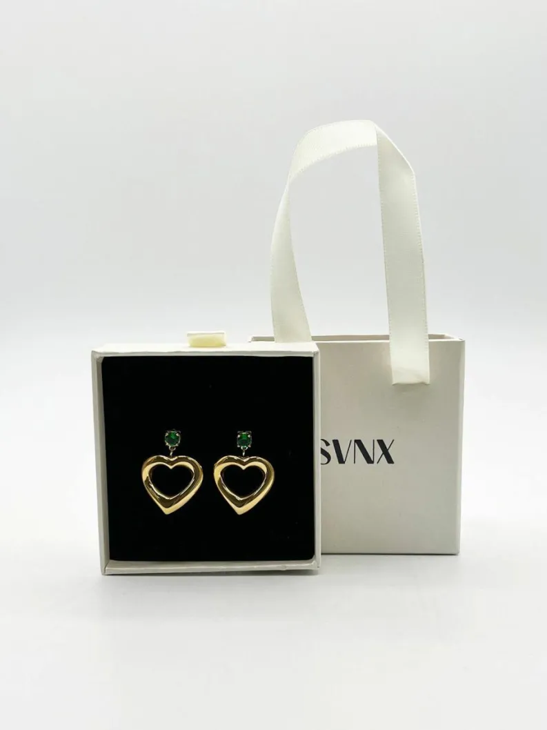 Earrings*SVNX Heart Drop Earrings in with Green Stone Gold