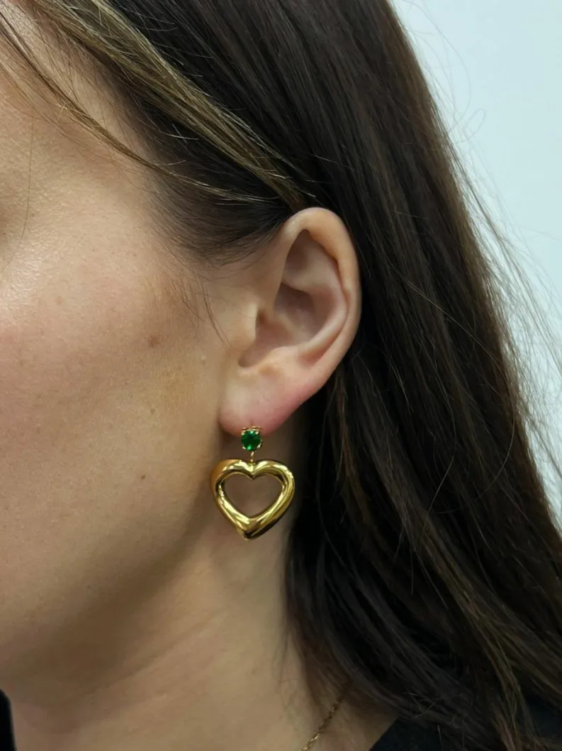 Earrings*SVNX Heart Drop Earrings in with Green Stone Gold