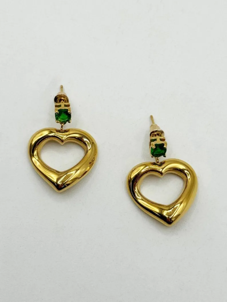 Earrings*SVNX Heart Drop Earrings in with Green Stone Gold