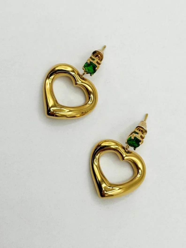 Earrings*SVNX Heart Drop Earrings in with Green Stone Gold
