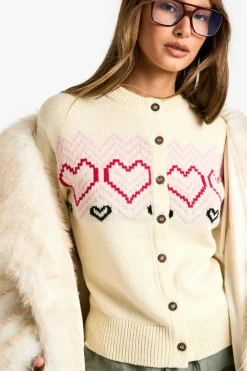 Cardigans|Jumpers & Cardigans*boohoo Heart Fairisle Button Cardigan cream