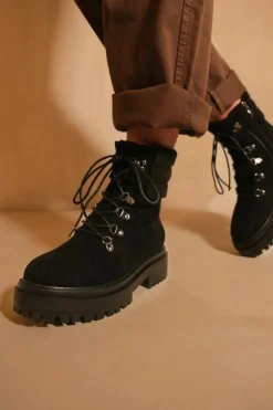 Ankle Boots*Where's That From Heidi' Platform Lace Up Boot With Side Zip And Faux Wool Detail Around The Ankle Black