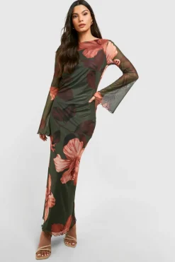 Bodycon Dresses|Maxi Dresses*boohoo Hibiscus Mesh Scoop Back Maxi Dress khaki