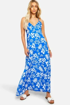 Cami Dresses*boohoo Hibiscus V Neck Strappy Maxi Dress blue