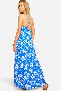 Cami Dresses*boohoo Hibiscus V Neck Strappy Maxi Dress blue