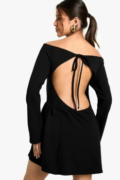 Skater Dresses|Mini Dresses*boohoo High Bardot Tie Back Skater Dress black