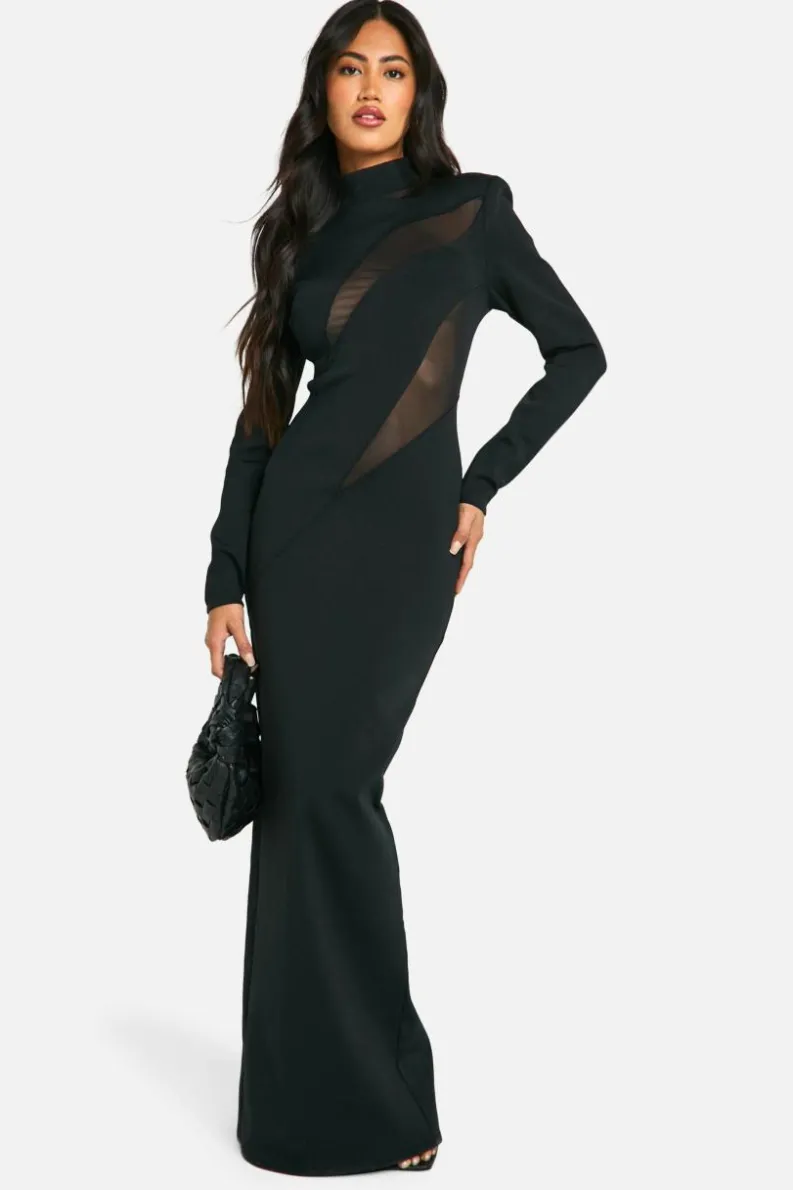 Maxi Dresses|Long Sleeve Dresses*boohoo High Neck Bandage Mesh Insert Maxi Dress black