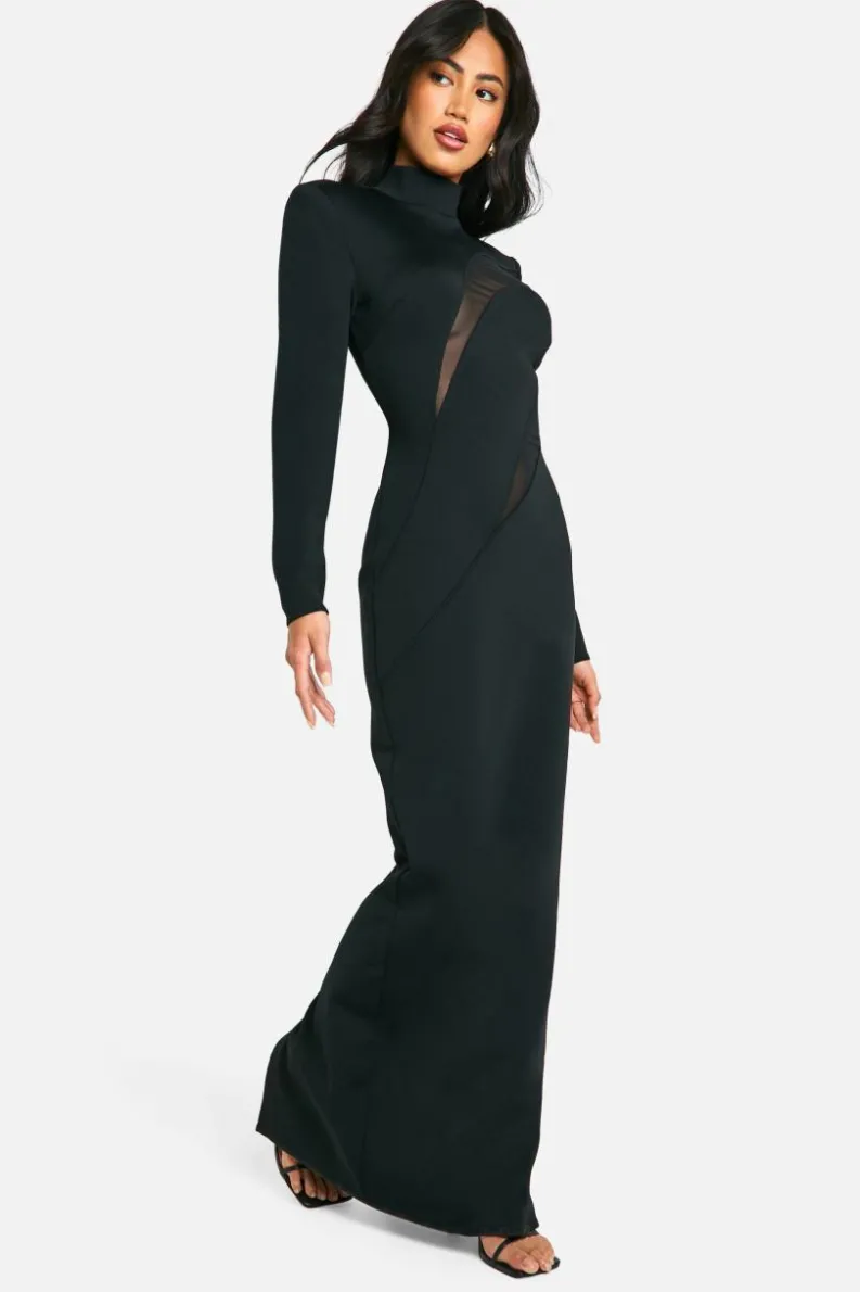 Maxi Dresses|Long Sleeve Dresses*boohoo High Neck Bandage Mesh Insert Maxi Dress black