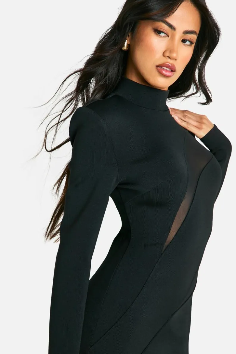 Maxi Dresses|Long Sleeve Dresses*boohoo High Neck Bandage Mesh Insert Maxi Dress black
