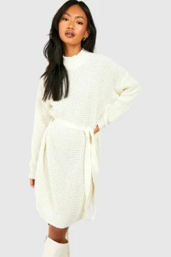 Jumper Dresses|Jumper Dresses*boohoo High Neck Belted Knitted Mini Dress cream