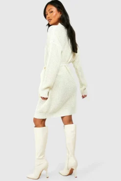 Jumper Dresses|Jumper Dresses*boohoo High Neck Belted Knitted Mini Dress cream