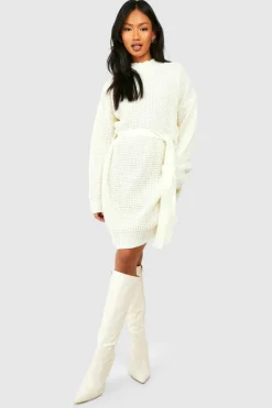 Jumper Dresses|Jumper Dresses*boohoo High Neck Belted Knitted Mini Dress cream