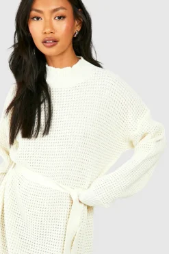 Jumper Dresses|Jumper Dresses*boohoo High Neck Belted Knitted Mini Dress cream