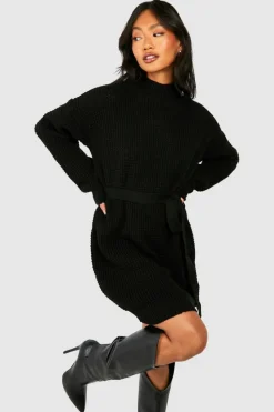 Jumper Dresses|Jumper Dresses*boohoo High Neck Belted Knitted Mini Dress black