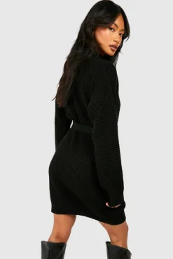 Jumper Dresses|Jumper Dresses*boohoo High Neck Belted Knitted Mini Dress black