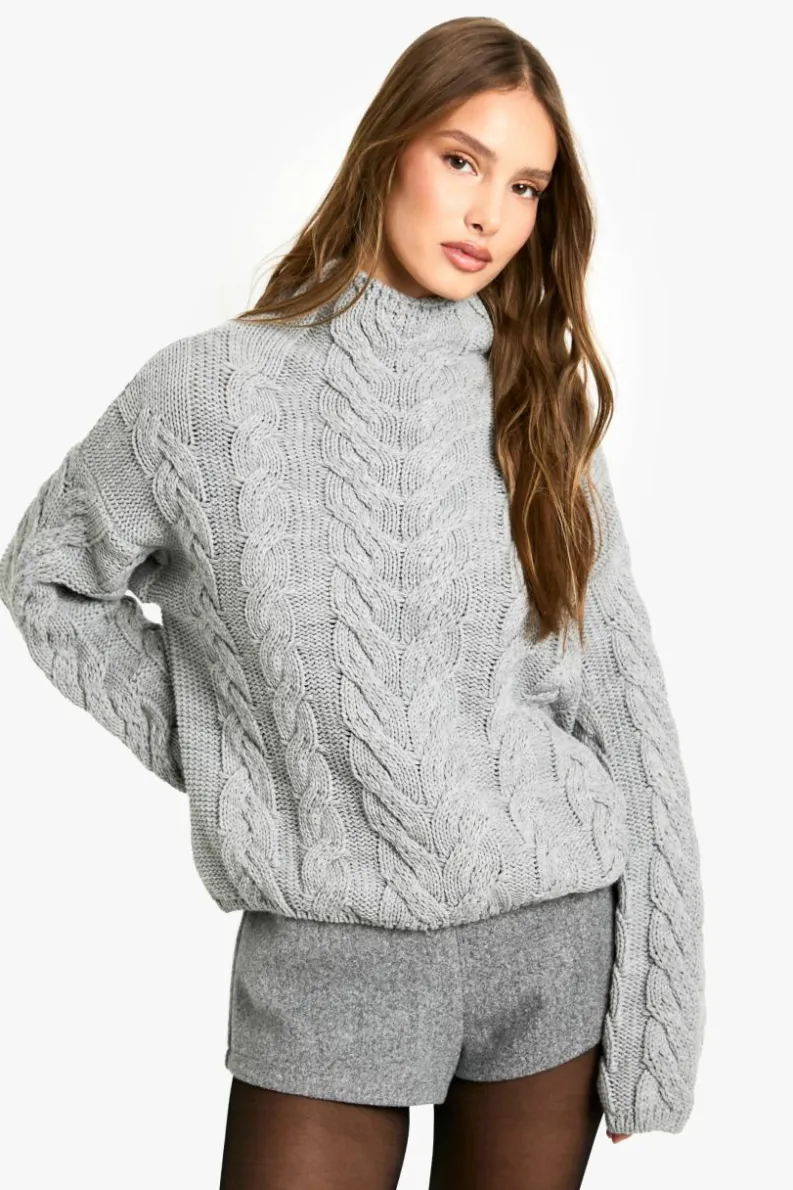 Jumpers|Knitwear*boohoo High Neck Chunky Cable Knitted Jumper grey