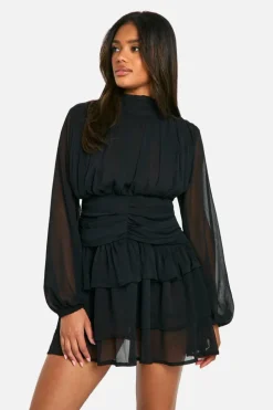 Skater Dresses|Mini Dresses*boohoo High Neck Gathered Chiffon Mini Dress black
