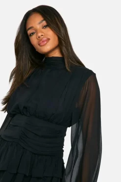 Skater Dresses|Mini Dresses*boohoo High Neck Gathered Chiffon Mini Dress black