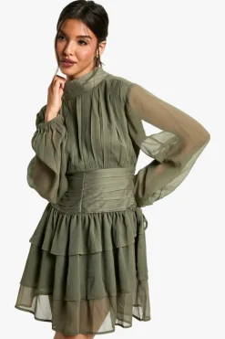 Smock Dresses*boohoo High Neck Gathered Chiffon Mini Dress dark olive