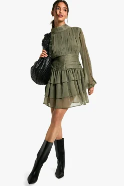 Smock Dresses*boohoo High Neck Gathered Chiffon Mini Dress dark olive