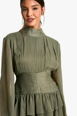 Smock Dresses*boohoo High Neck Gathered Chiffon Mini Dress dark olive