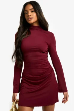Mini Dresses|Long Sleeve Dresses*boohoo High Neck Long Sleeve Ruched Waist Shift Dress burgundy