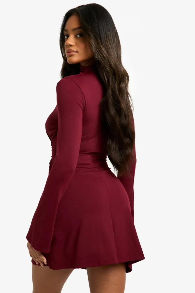 Mini Dresses|Long Sleeve Dresses*boohoo High Neck Long Sleeve Ruched Waist Shift Dress burgundy